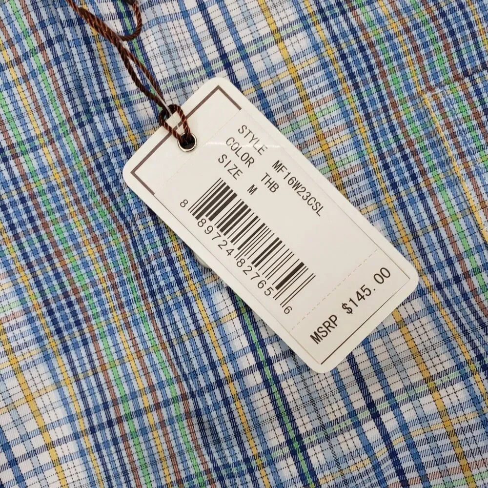 Peter Millar Men's Medium Classic Fit Plaid Cotton Shirt Blue Yellow NWT‎